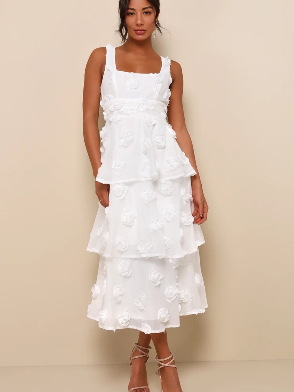 Lulu's White Tiered Midi Dress with 3D Floral Appliqués